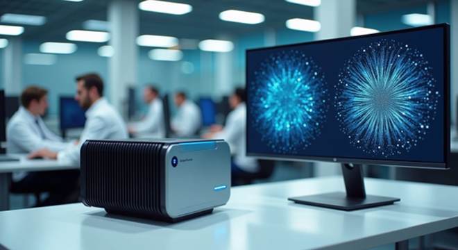 Quantum computer on desk with abstract quantum data visualizations on screen in a modern office setting